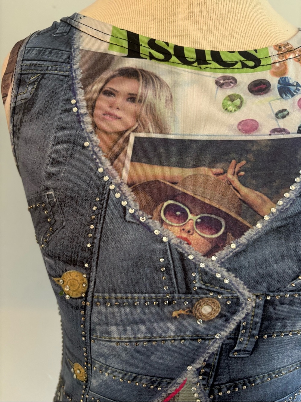 Sleeveless Mini Dress with Faux Denim Vest & Magazine Print - Blue Multi - Picture 2 of 5